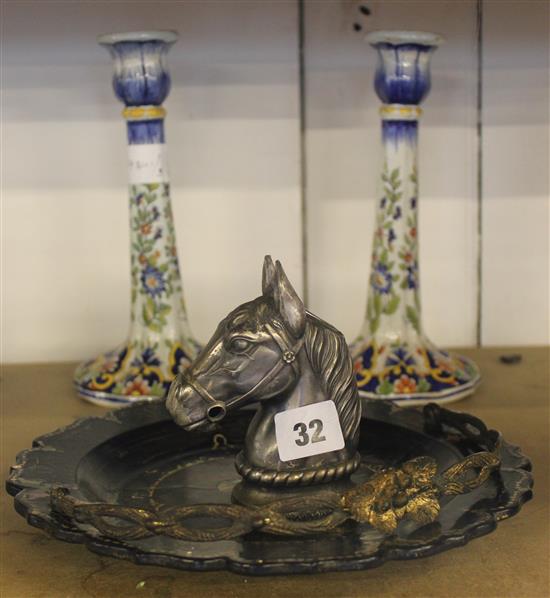 French faience candlesticks, papier mache dish & horse lighter